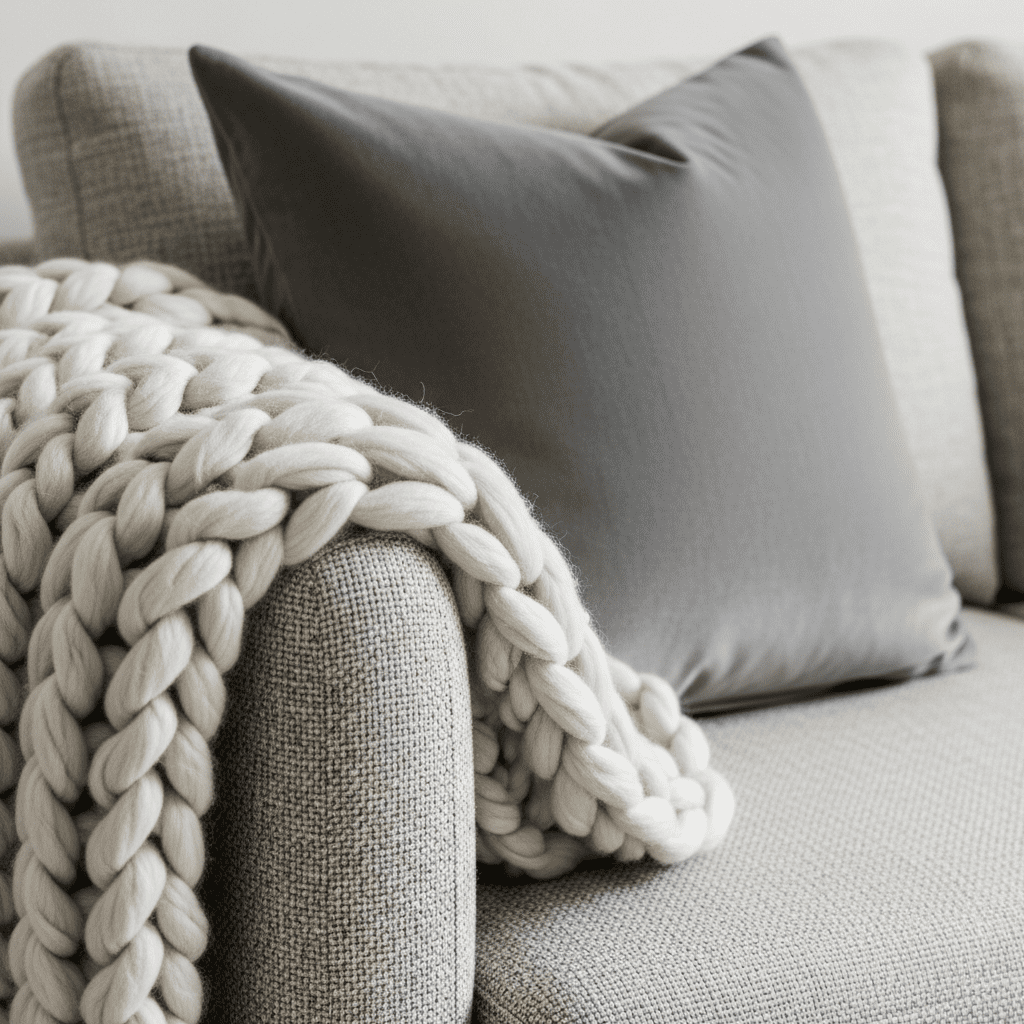 Close-up of textured throw pillows and a blanket on a sofa.