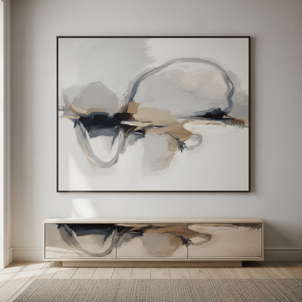 A large statement piece of abstract art on a minimalist living room wall.
