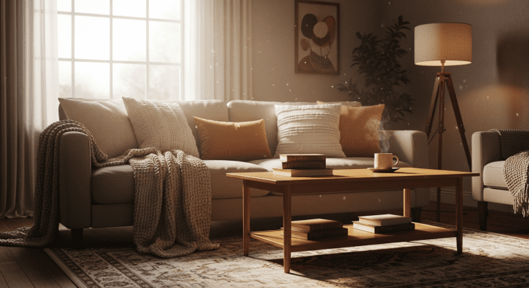 An inviting and cozy living room with warm lighting and layered textures.