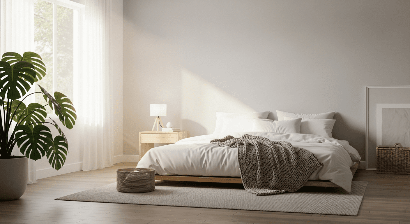A serene and spacious minimalist bedroom with a neutral color palette and natural light.