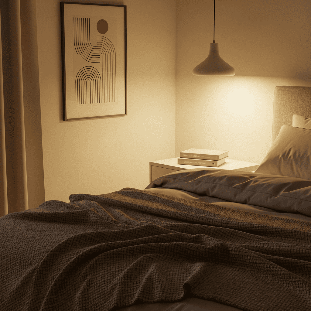 A warm and inviting minimalist bedroom corner with personal touches and soft textures.