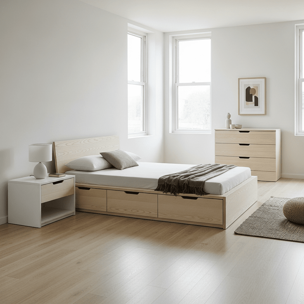 A minimalist bedroom with essential, functional furniture and plenty of floor space.