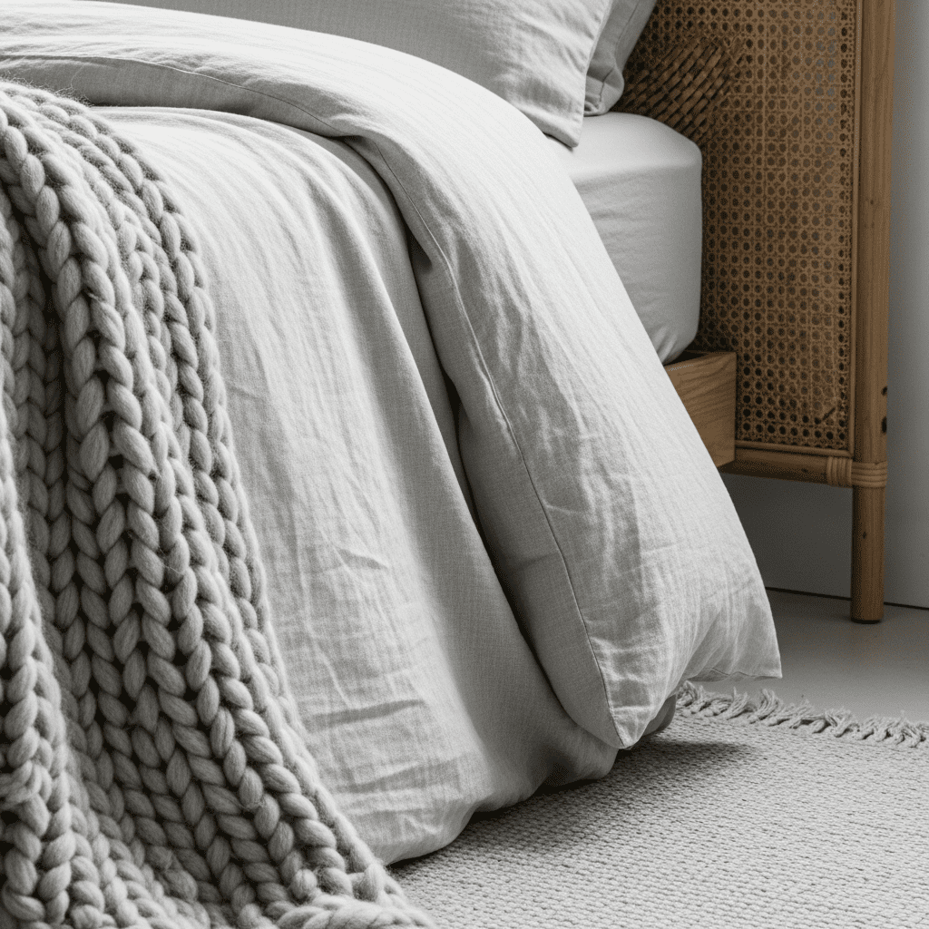 Close-up detail showing a mix of textures in a minimalist bedroom.