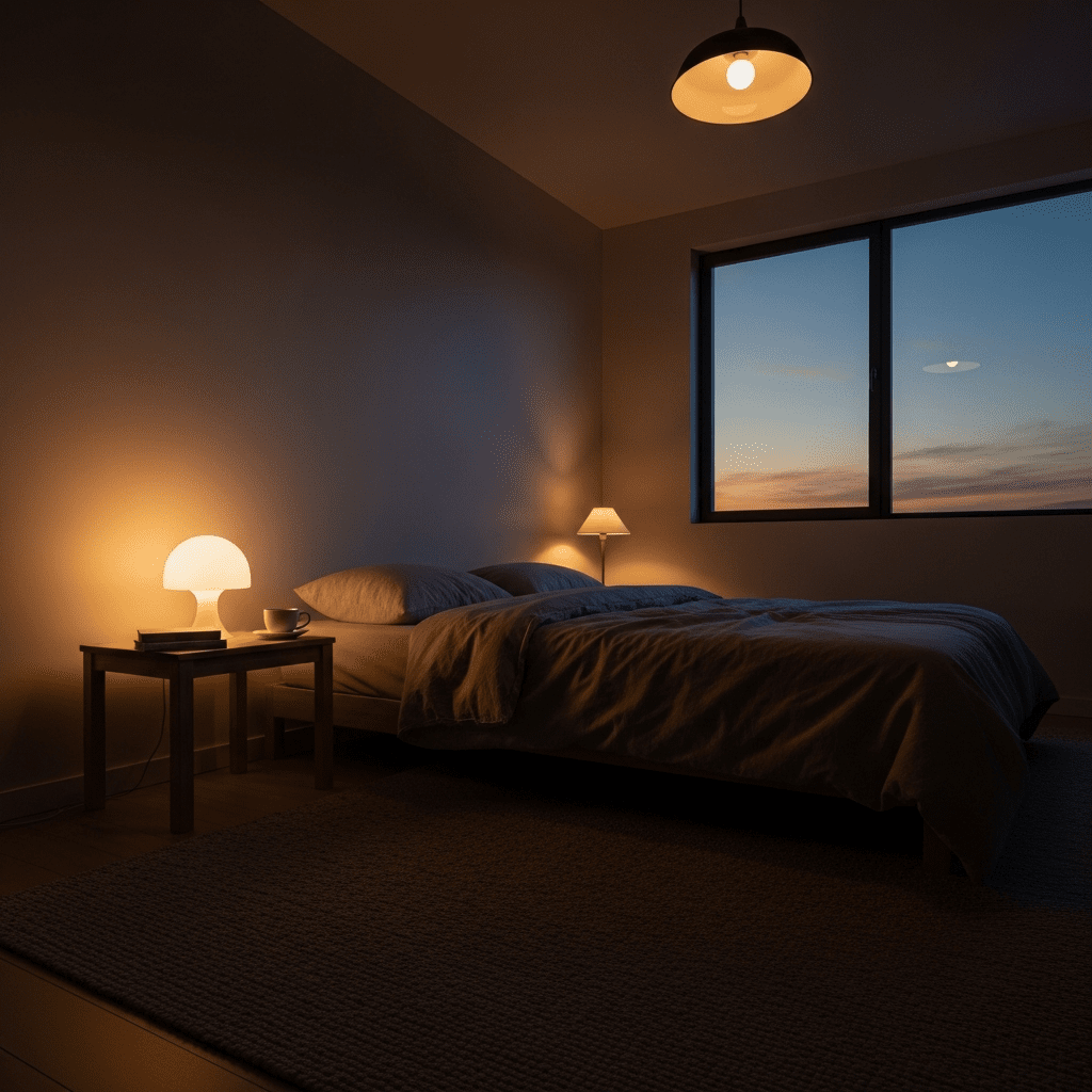 A minimalist bedroom in the evening, lit with soft, warm, layered lighting.