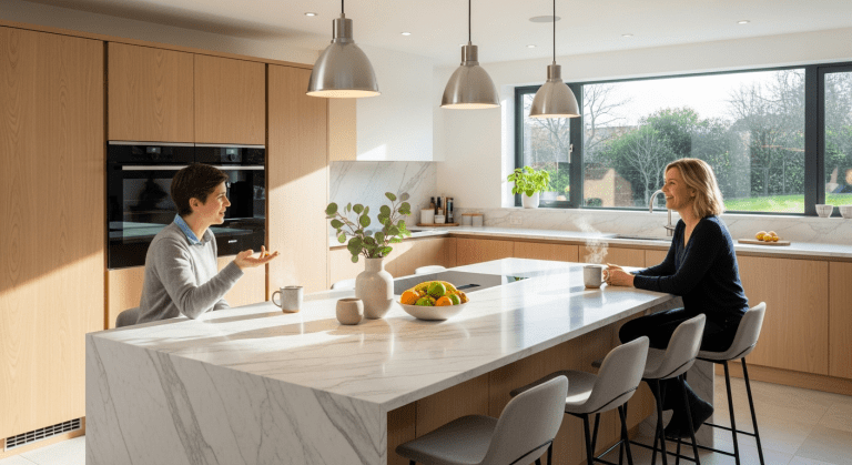 A modern kitchen with a large island as the central gathering spot.