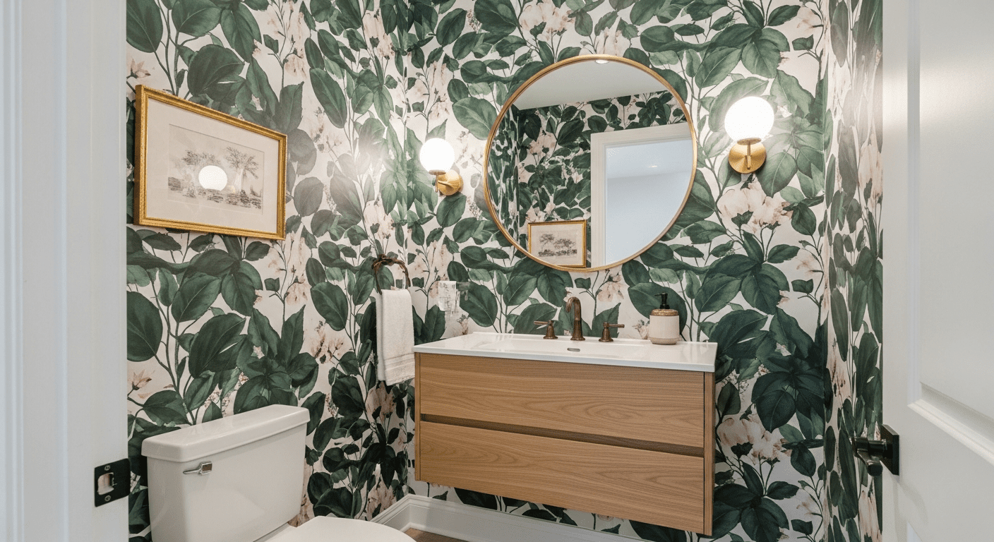 A modern powder room featuring elegant botanical wallpaper.