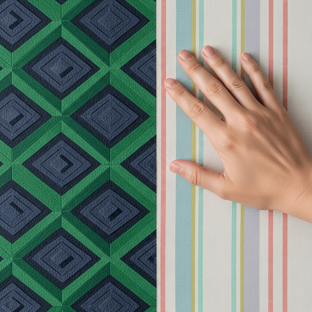 Comparison of bold geometric and subtle striped wallpaper samples.
