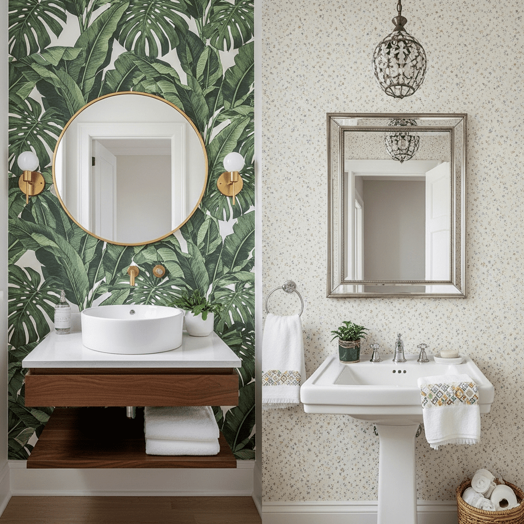 Visual comparison of large-scale tropical and small-scale floral wallpaper in powder rooms.