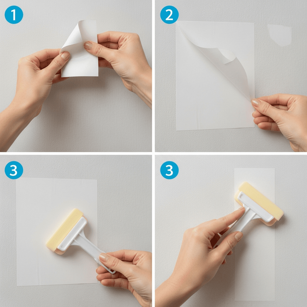 DIY installation of peel-and-stick wallpaper in a bathroom.
