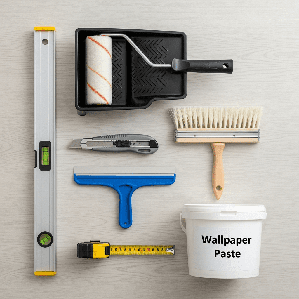 Essential tools needed for a successful wallpapering project.