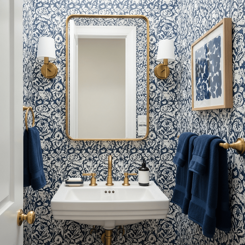 A fully accessorized powder room where fixtures and decor complement the wallpaper.