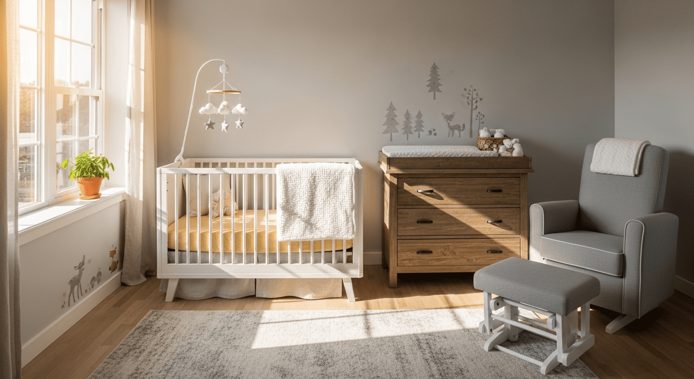 A beautifully decorated modern nursery room with a crib, glider, and changing station.