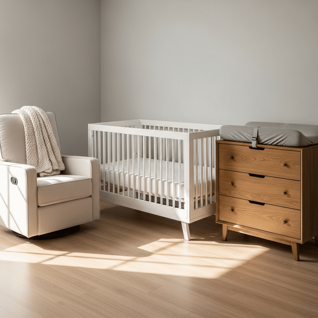 The three essential nursery furniture pieces: crib, glider, and changing dresser.