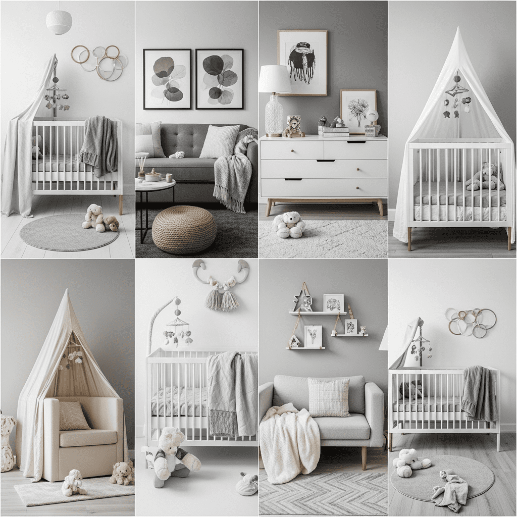 A collage of four different nursery theme ideas: woodland, minimalist, adventure, and galaxy.
