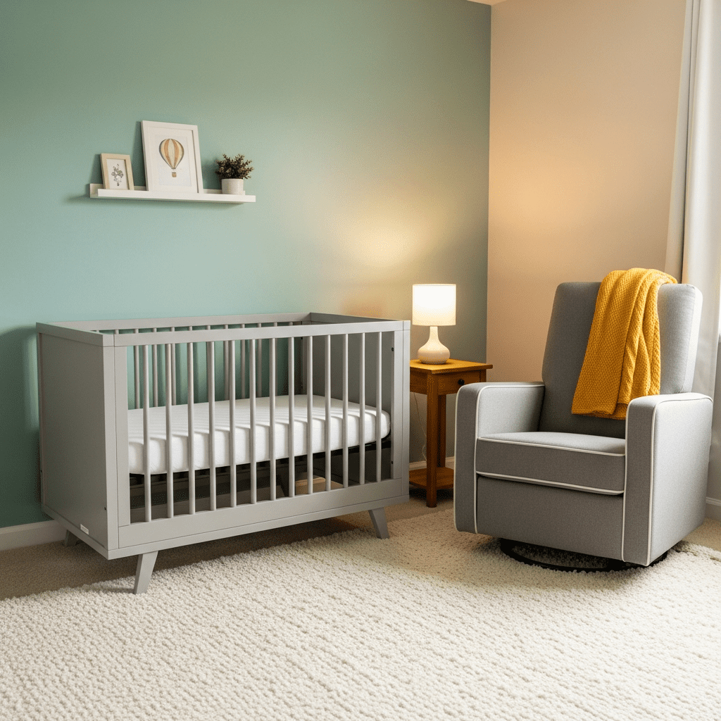 A nursery corner in calming shades of green, cream, and grey with a yellow accent.