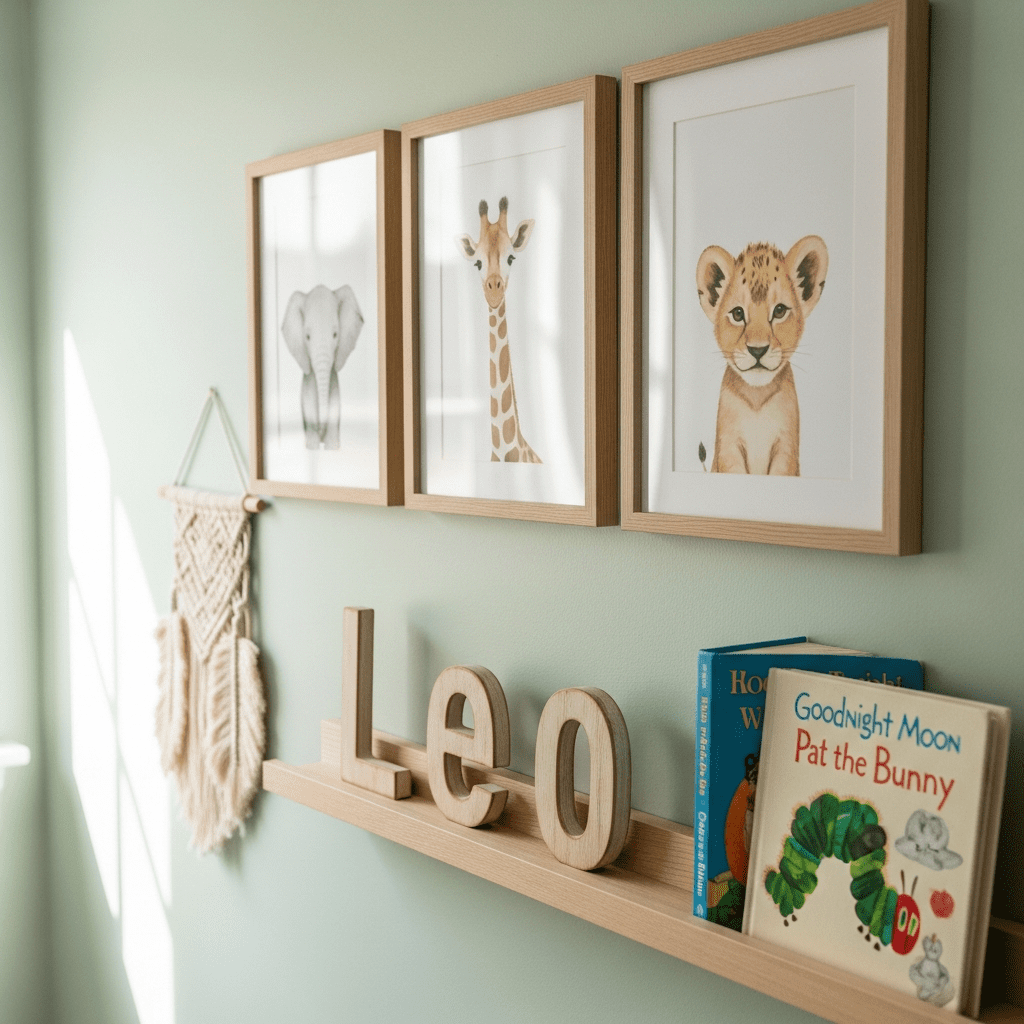 A close-up view of a personalized nursery gallery wall with art and the baby's name.