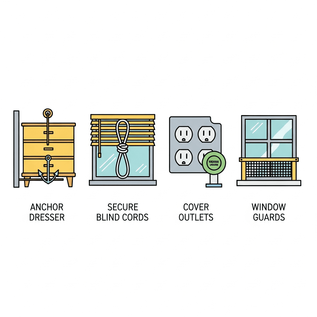 An infographic showing key nursery safety tips like anchoring furniture and covering outlets.
