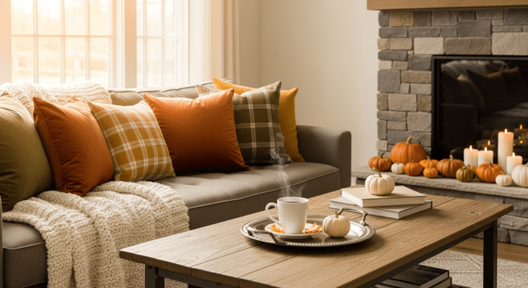 A cozy and stylish living room decorated for autumn with textiles and natural elements.
