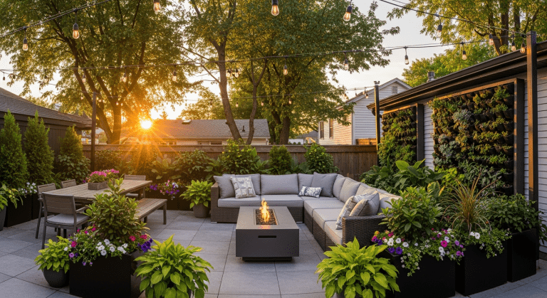 A beautifully designed and inviting modern backyard patio with seating and dining areas.