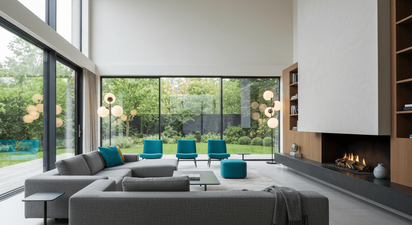 A modern living room with a TV integrated into a stylish gallery wall.