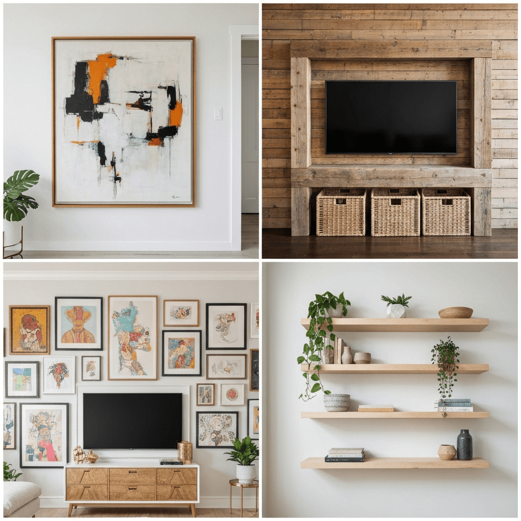 Four different TV wall decor styles: minimalist, rustic, eclectic, and Scandinavian.