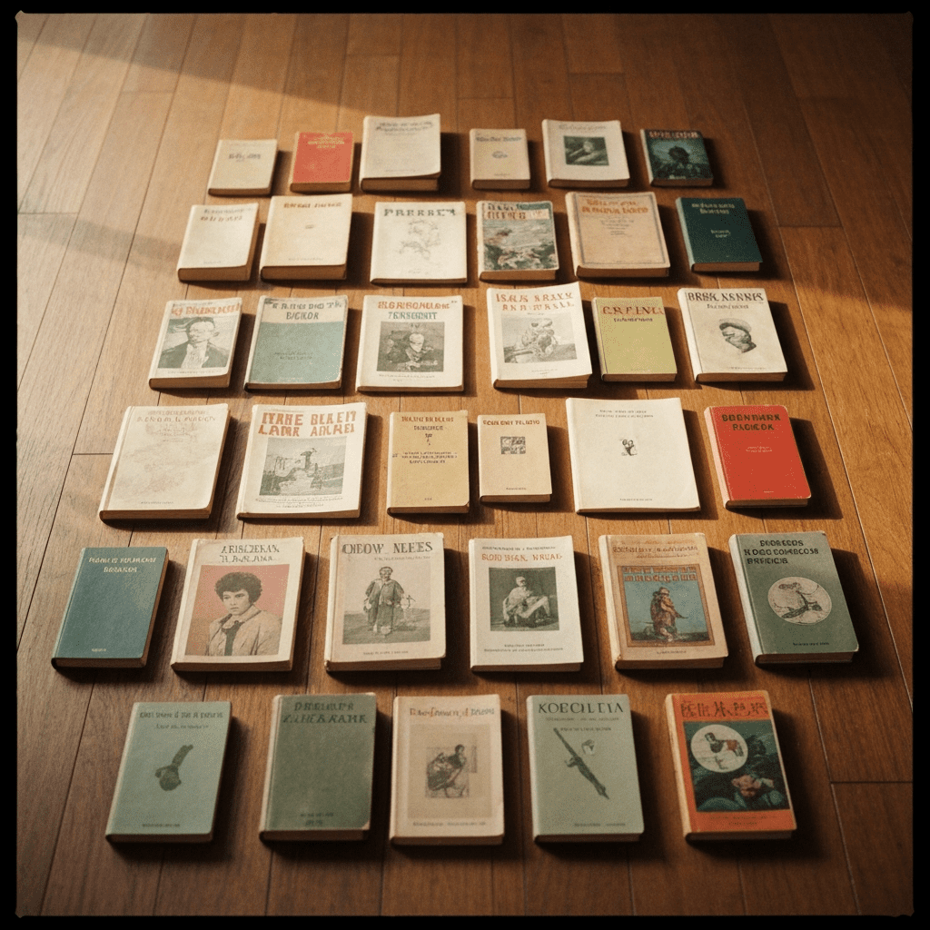 A gallery wall layout planned on the floor before hanging.