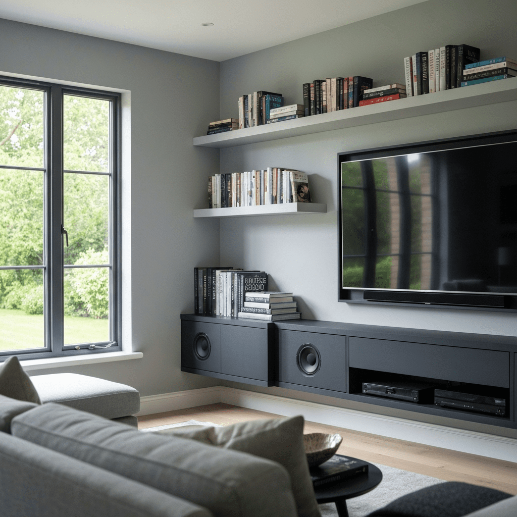 A TV wall with decorative floating shelves on either side.