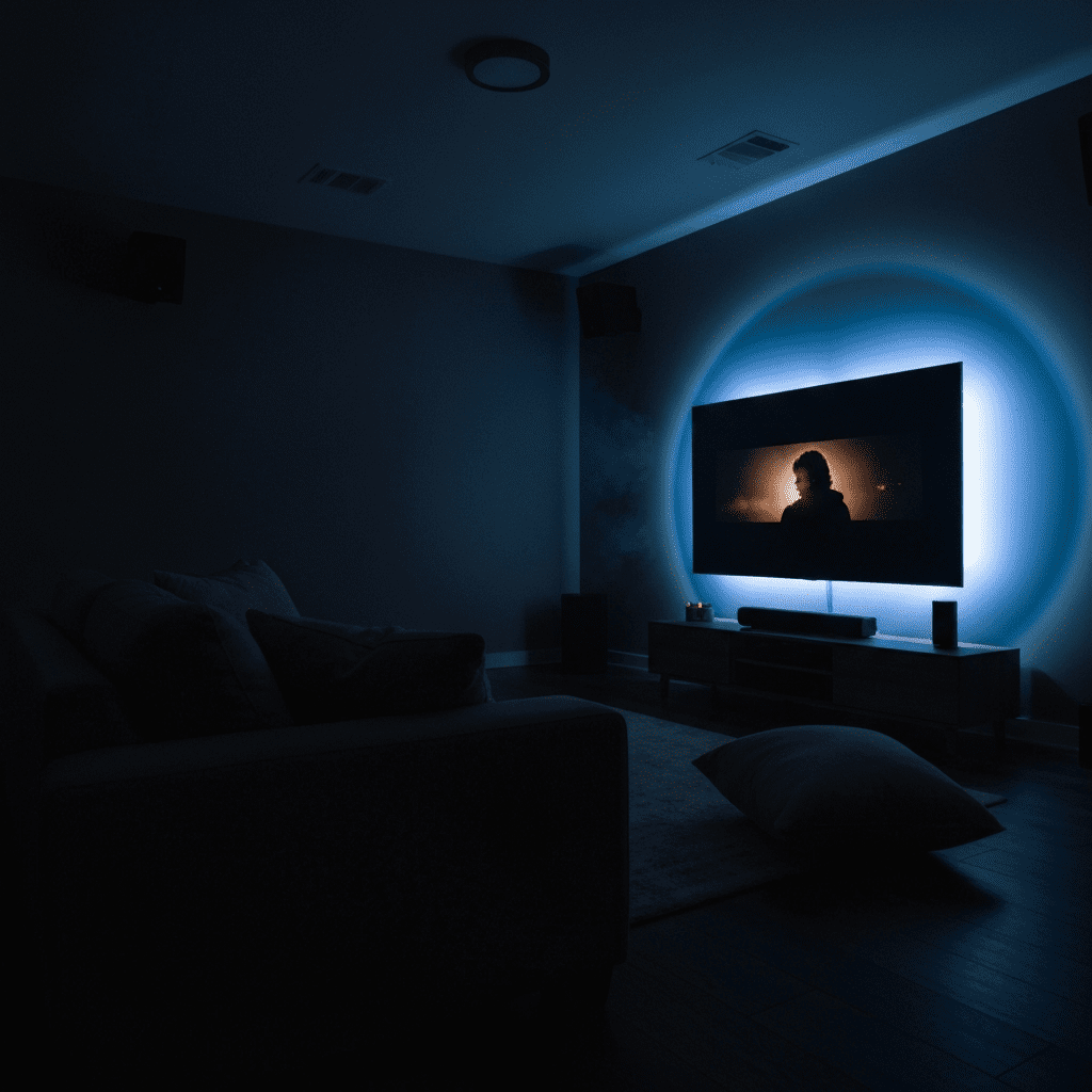 A TV with colored LED bias lighting on the back in a dark room.