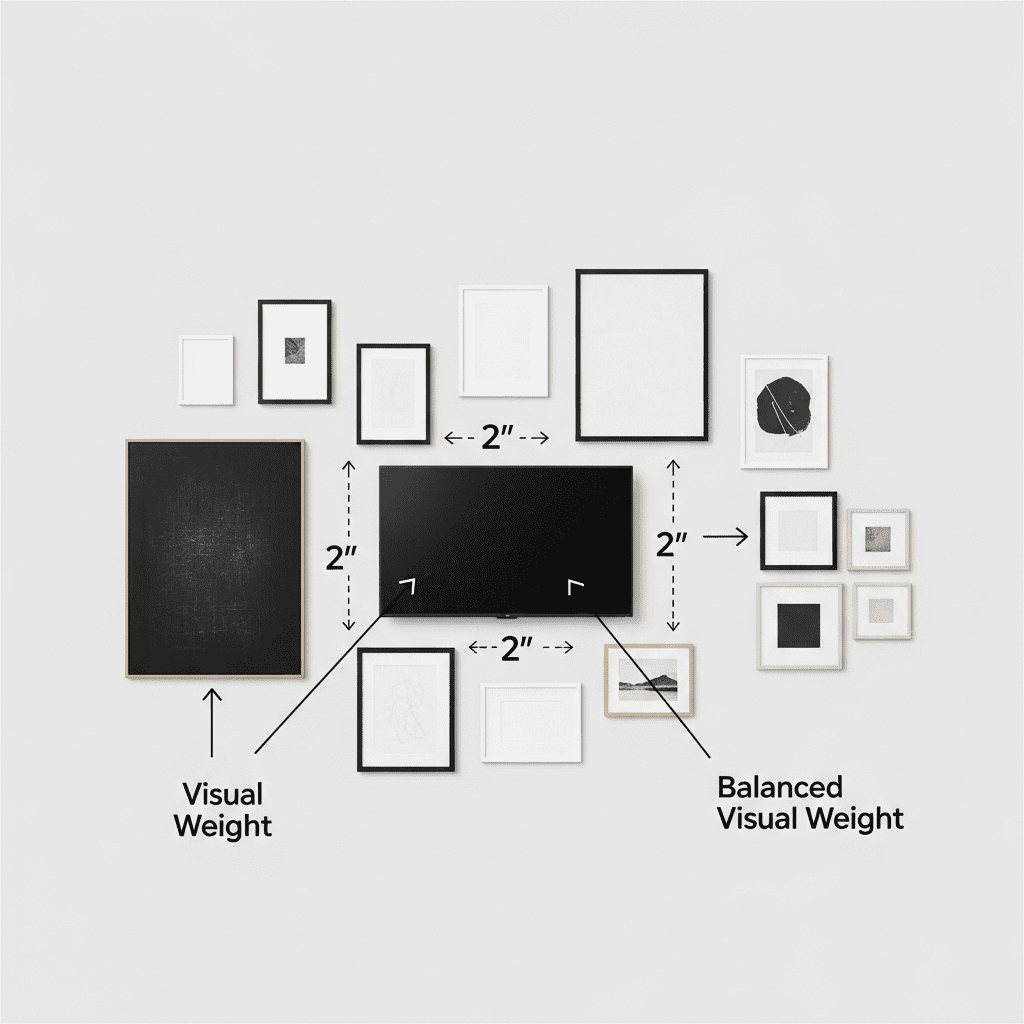 A diagram illustrating spacing and visual balance in a TV gallery wall.