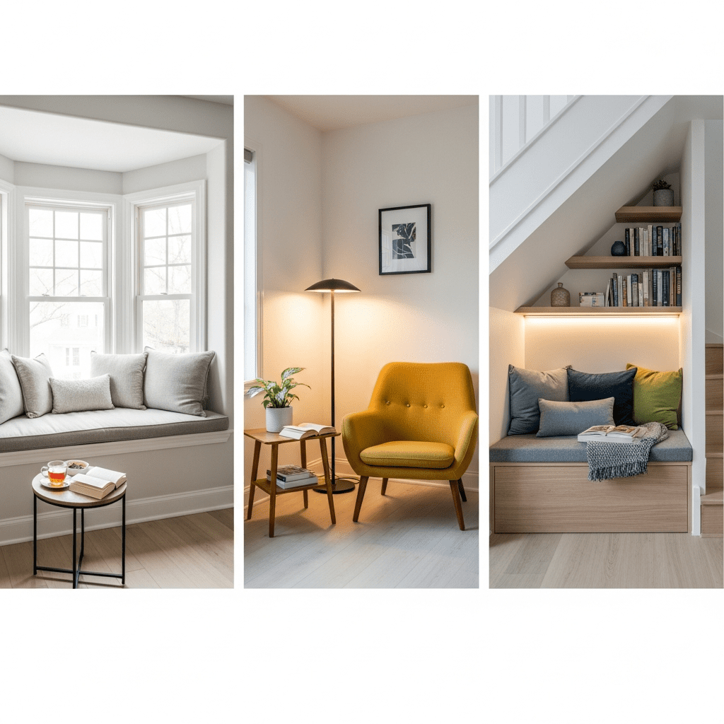 Ideas for reading nook locations like a bay window, a room corner, and under-stairs space.