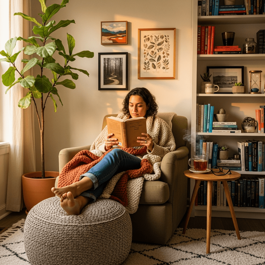 A person comfortably curled up and reading a book in their finished, personalized nook.