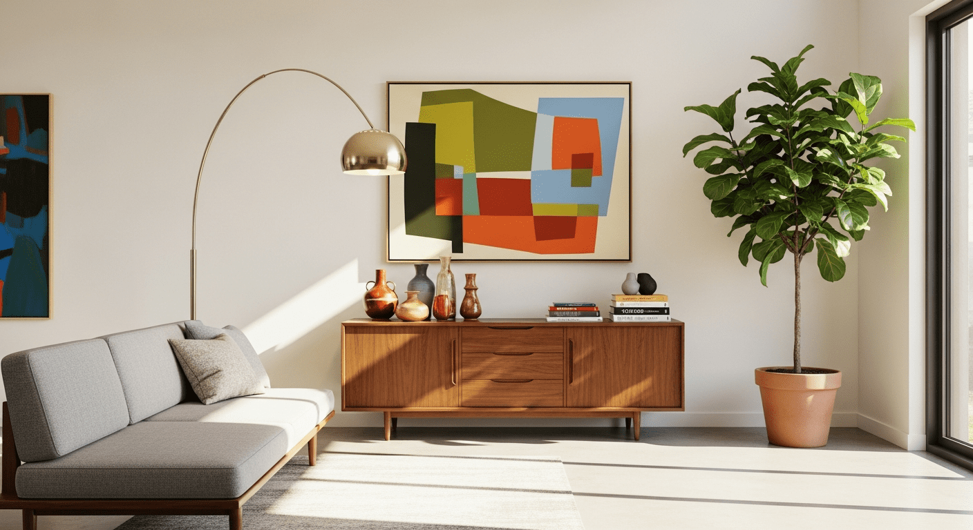 A bright and inviting mid-century modern living room showcasing clean lines and organic forms.