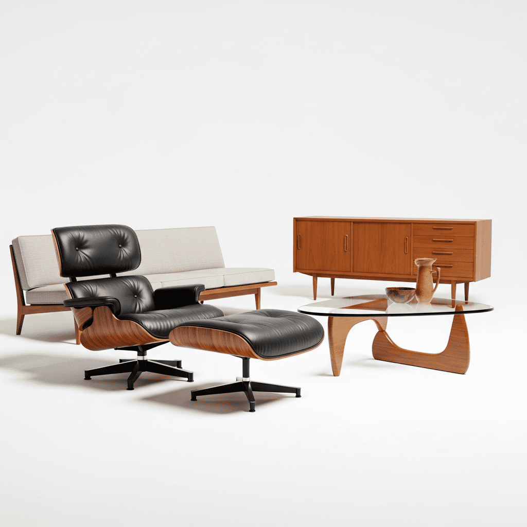 A collection of essential mid-century modern furniture pieces.