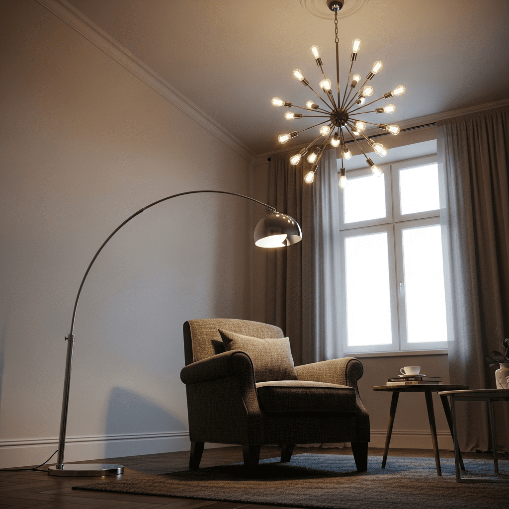 A mid-century modern living room with a Sputnik chandelier and an arc floor lamp.
