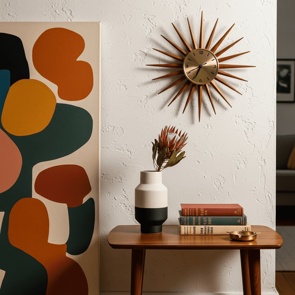 A close-up of mid-century modern accessories and abstract art.