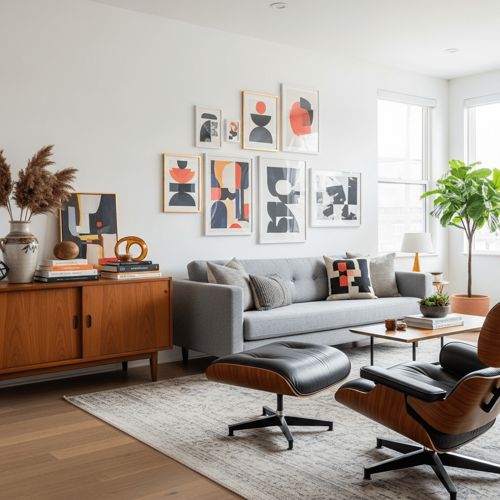 A textural collage of mid-century modern materials like wood, metal, and wool.