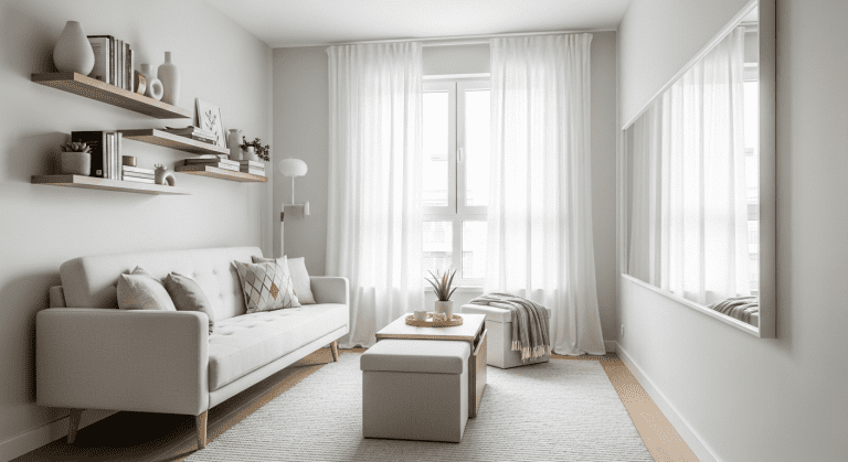 A bright and stylish small living room demonstrating smart decor choices to maximize space.