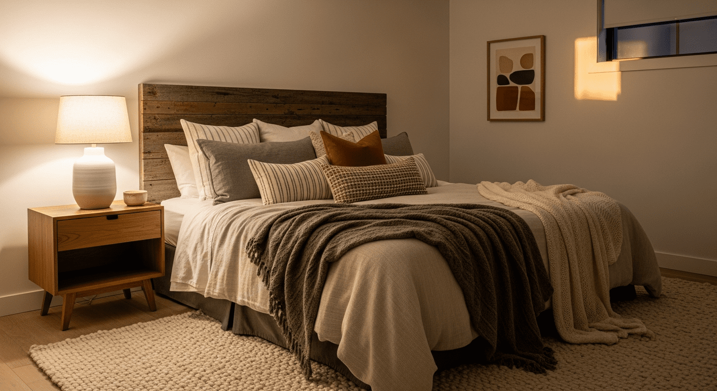 A cozy bedroom sanctuary with a layered bed and soft lighting.