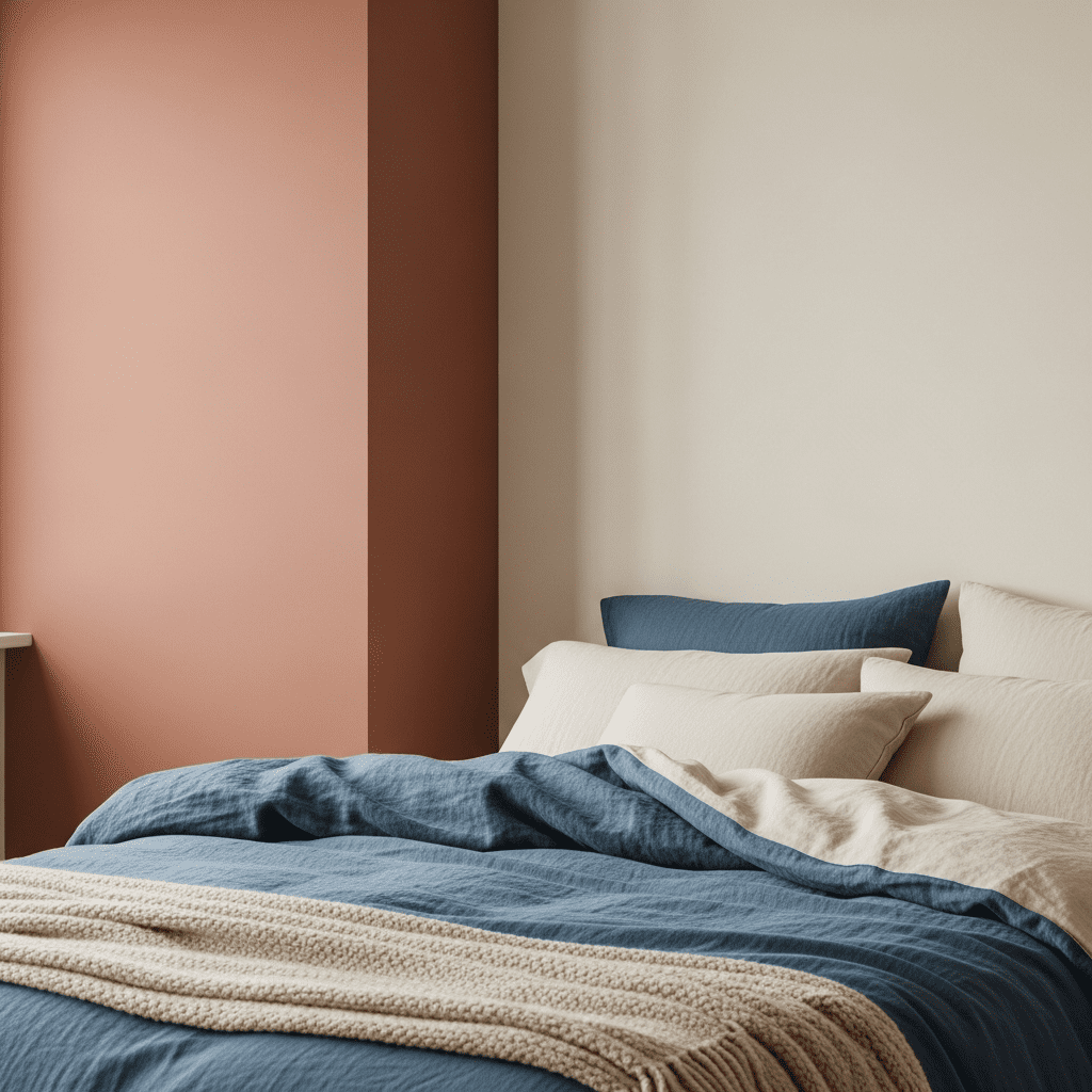 Warm terracotta and neutral cozy bedroom color palette.