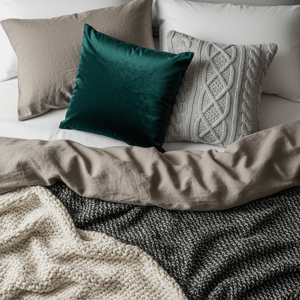 Close-up of textured bedding layers for a cozy bedroom.