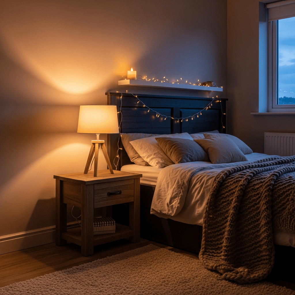 Soft layered bedroom lighting with lamp and fairy lights.