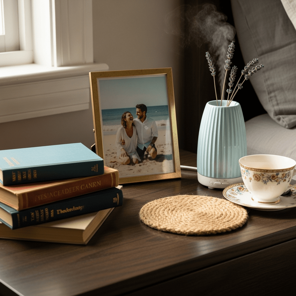 A curated nightstand with personal decor and a scent diffuser.
