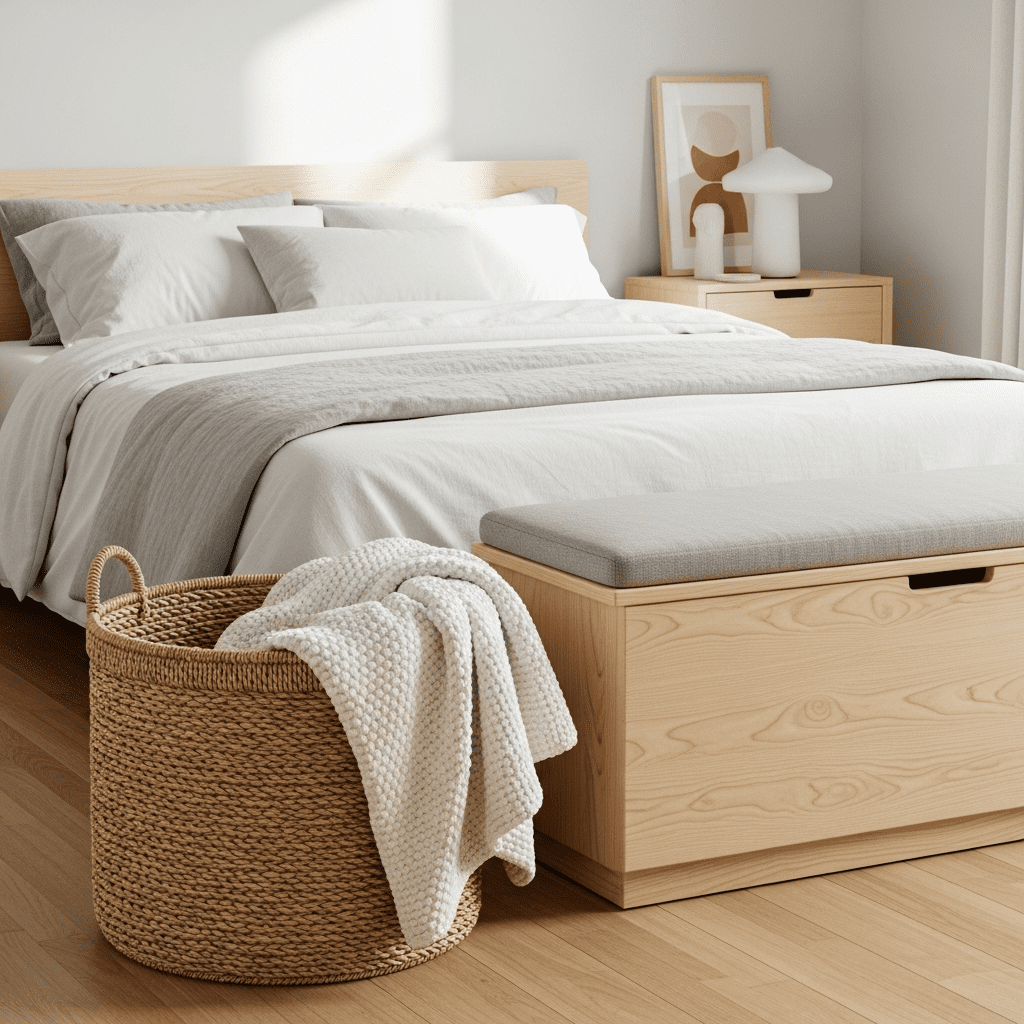 Cozy bedroom with woven storage basket and bench.