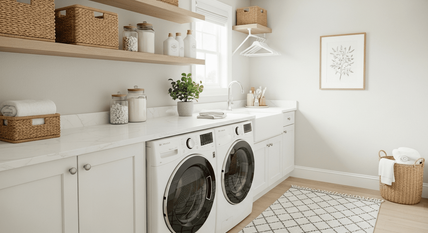 A bright and inspiring modern laundry room with organized shelves and a cozy rug.