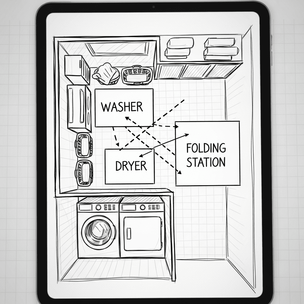 Diagram of an efficient laundry room workflow layout.