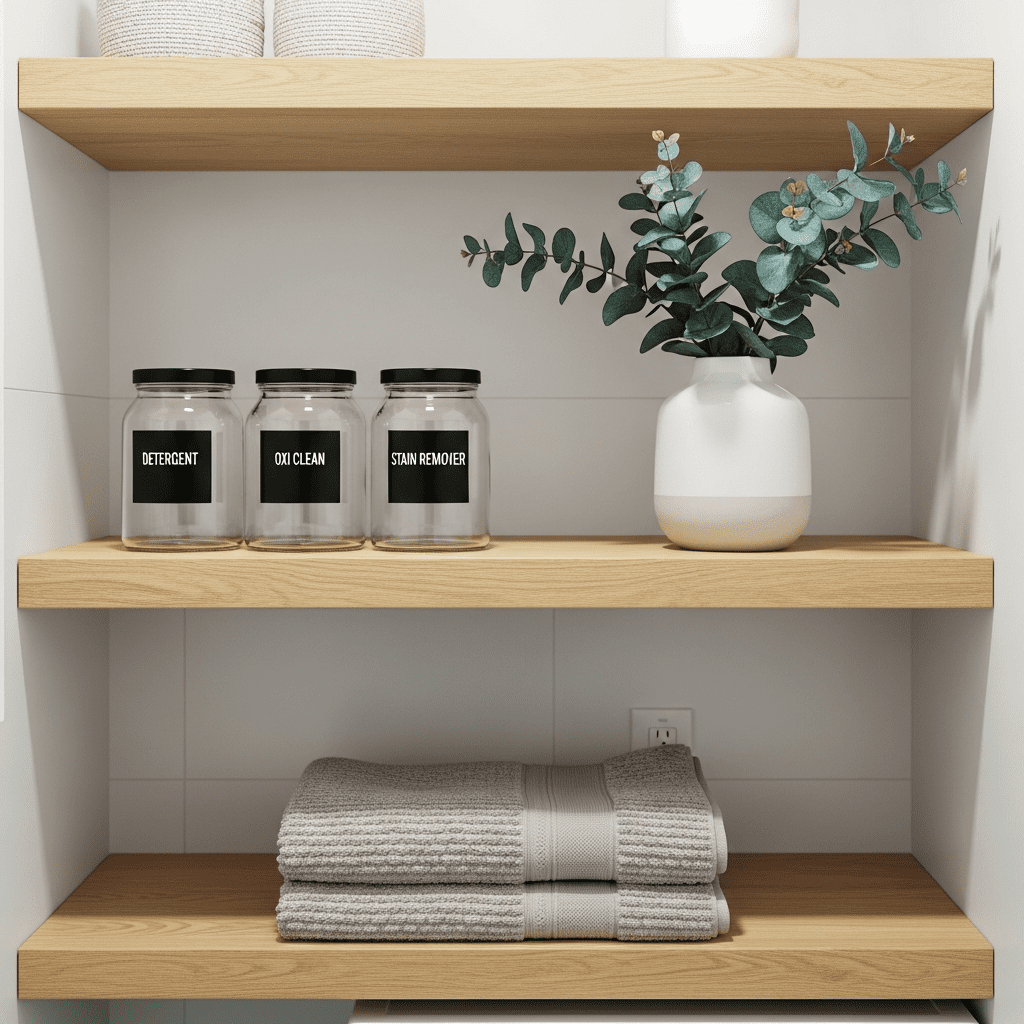 Organized open laundry room shelves with labeled jars and decor.