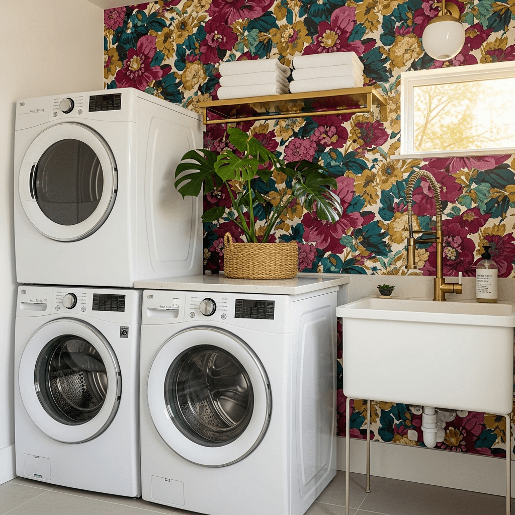 A vibrant laundry room with beautiful floral wallpaper and brass accents.