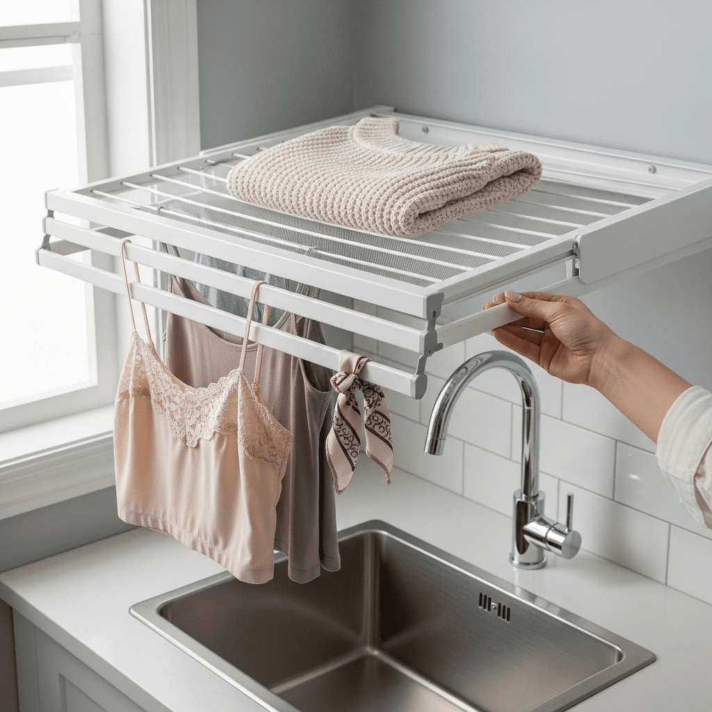 A pull-down wall-mounted drying rack in use in a laundry room.