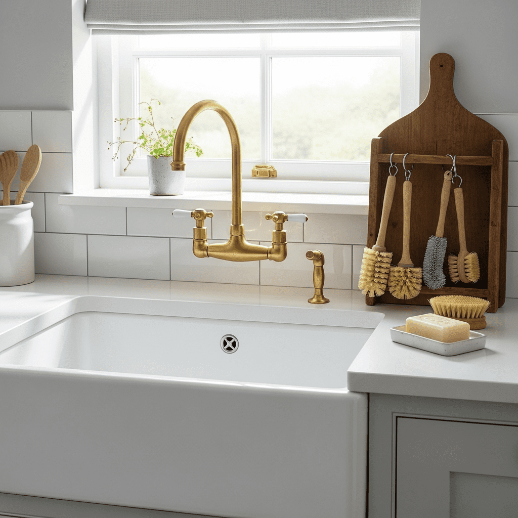 A beautiful and deep farmhouse utility sink with a brass faucet.