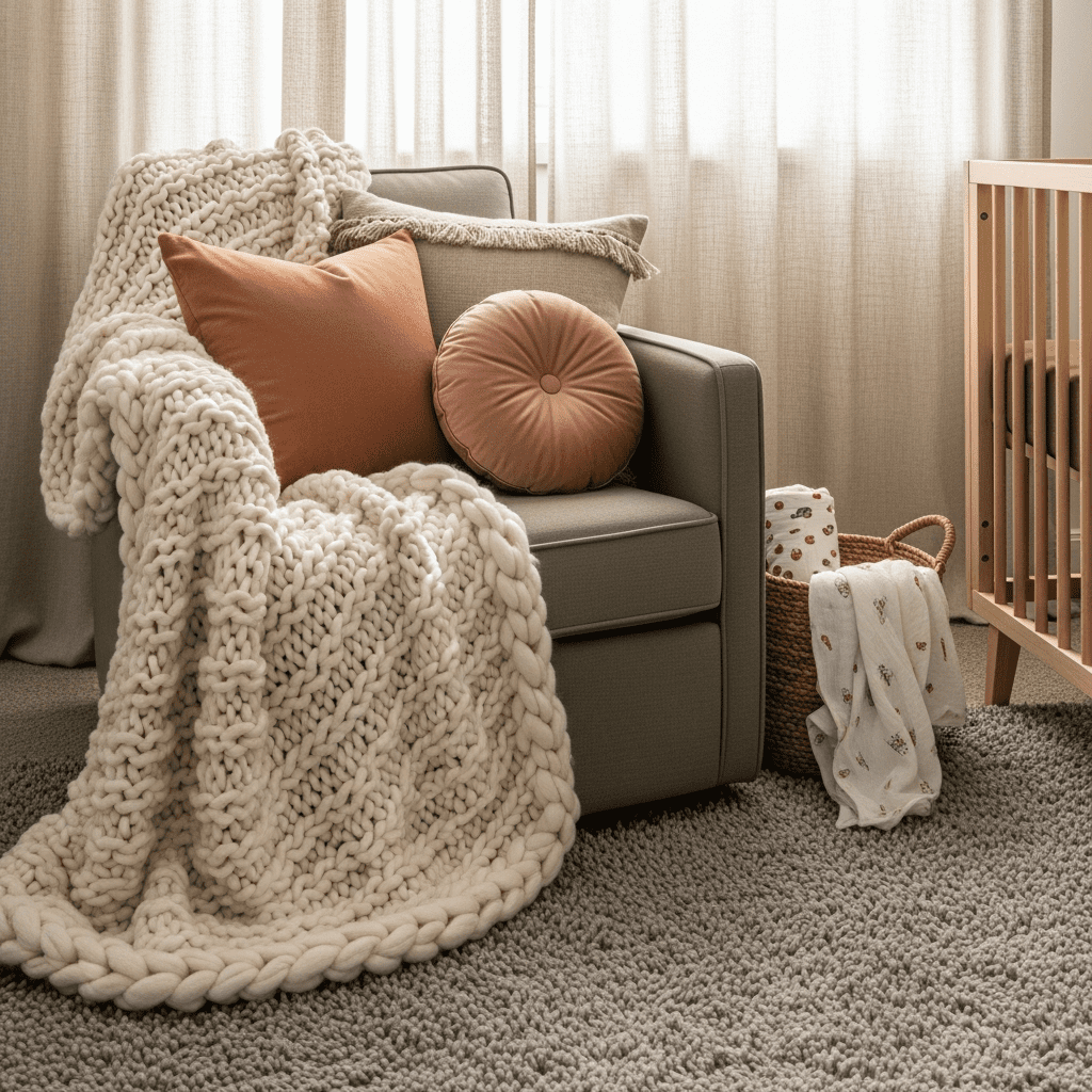 Mixed textiles and textures in a sage green nursery.